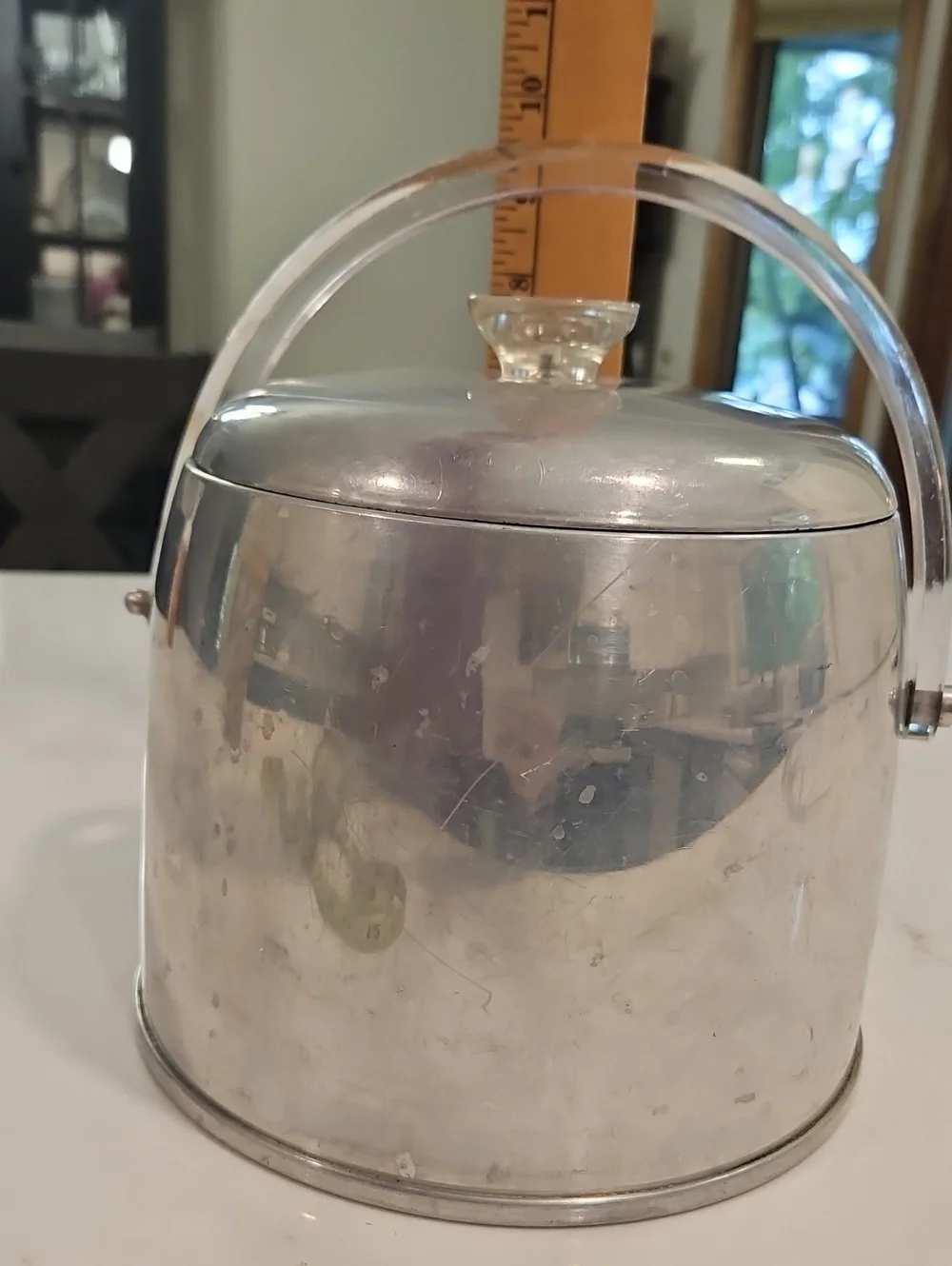 Vintage Kromex 1950s MCM Spun Aluminum Ice Bucket Acrylic Handle Retro Barware
